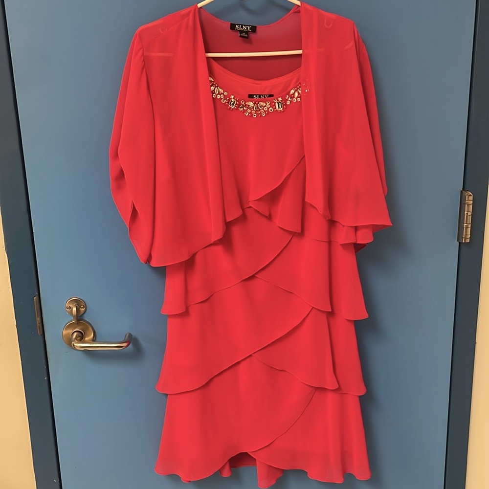 SLNY tiered coral pink dress with beaded collar  & sheer cropped bolero jacket